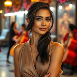 A beautiful 29-year-old Spanish woman with dark hair and tanned skin, fully dressed in stylish clothing