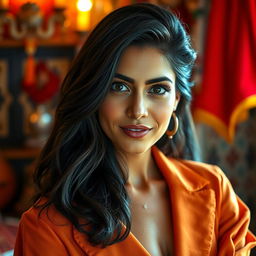 A beautiful 29-year-old Spanish woman with dark hair and tanned skin, fully dressed in stylish clothing