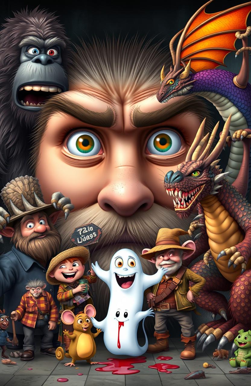 A large pair of innocent male eyes in the center of the image, surrounded by an array of fantastical characters