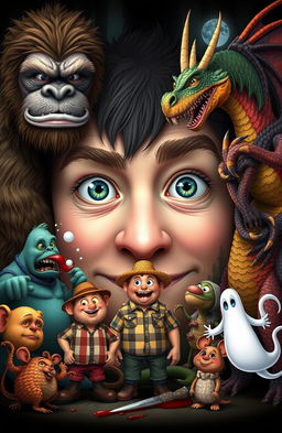 A large pair of innocent male eyes in the center of the image, surrounded by an array of fantastical characters
