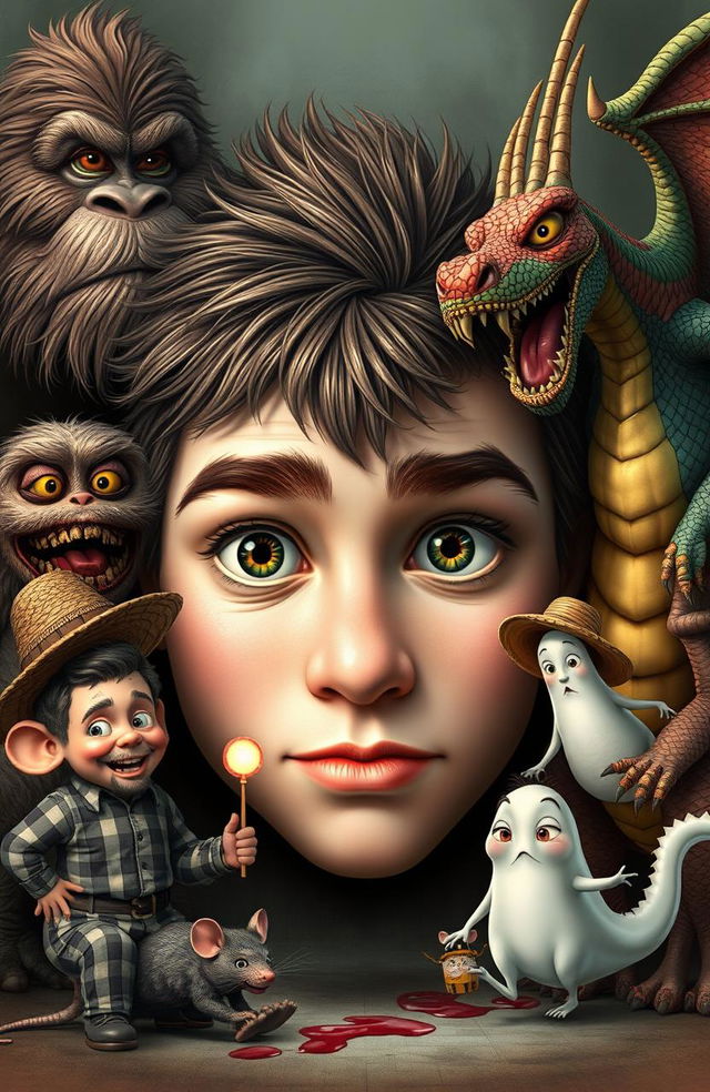 A large pair of innocent male eyes in the center of the image, surrounded by an array of fantastical characters