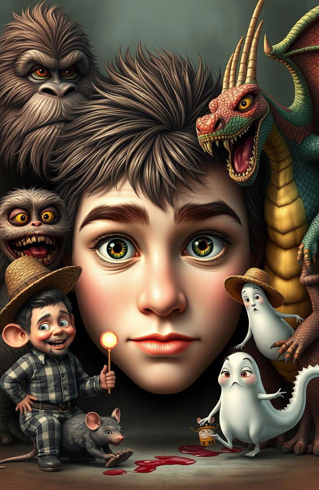 A large pair of innocent male eyes in the center of the image, surrounded by an array of fantastical characters