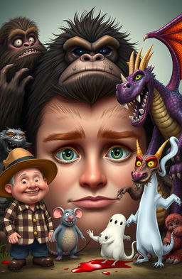 A large pair of innocent male eyes in the center of the image, surrounded by an array of fantastical characters
