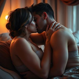 An intimate and passionate scene of a couple engaged in romantic activities, showcasing deep kissing and embracing
