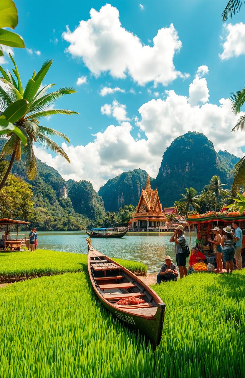 A picturesque travelogue scene capturing the essence of Thailand