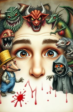 A large pair of innocent male eyes situated in the center of the page, with no visible face