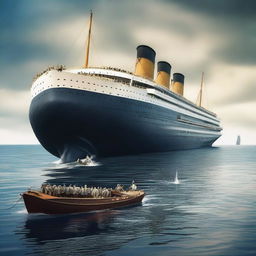 The world's largest sea creature lurking beside the Titanic, in high-definition, 4K, hyper-realistic style.