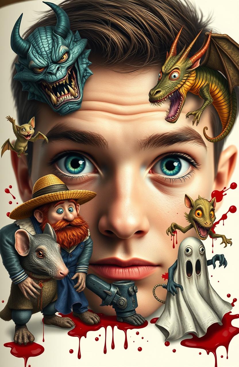 A large pair of innocent male eyes situated in the center of the page, with no visible face