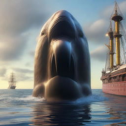 The world's largest sea creature lurking beside the Titanic, in high-definition, 4K, hyper-realistic style.