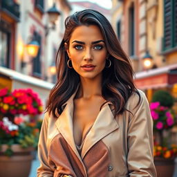 A 29-year-old Italian woman with tanned skin and dark hair, styled elegantly, wearing fashionable clothing