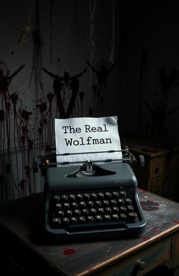 A vintage typewriter on a weathered old desk, surrounded by the eerie ambiance of a haunted room