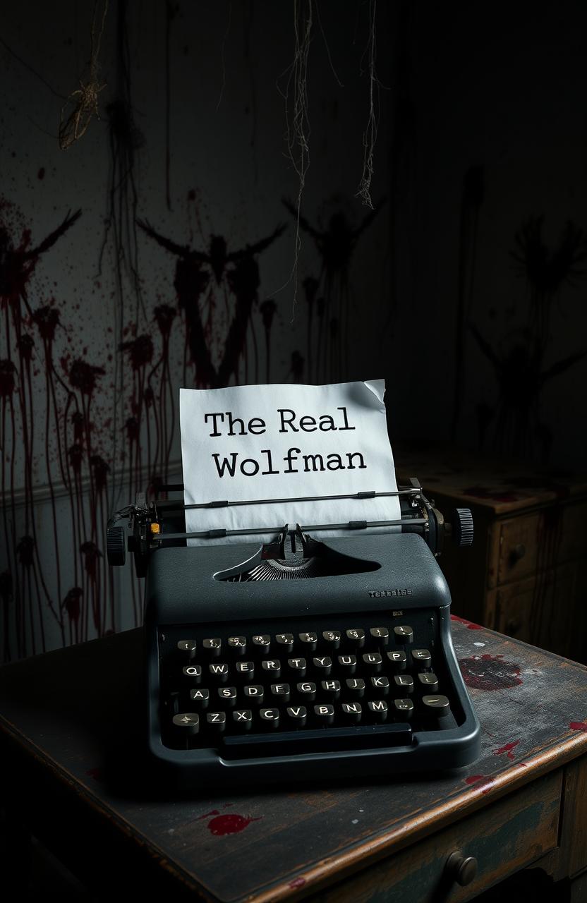 A vintage typewriter on a weathered old desk, surrounded by the eerie ambiance of a haunted room