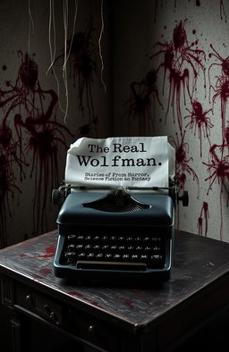 A vintage typewriter on a weathered old desk, surrounded by the eerie ambiance of a haunted room