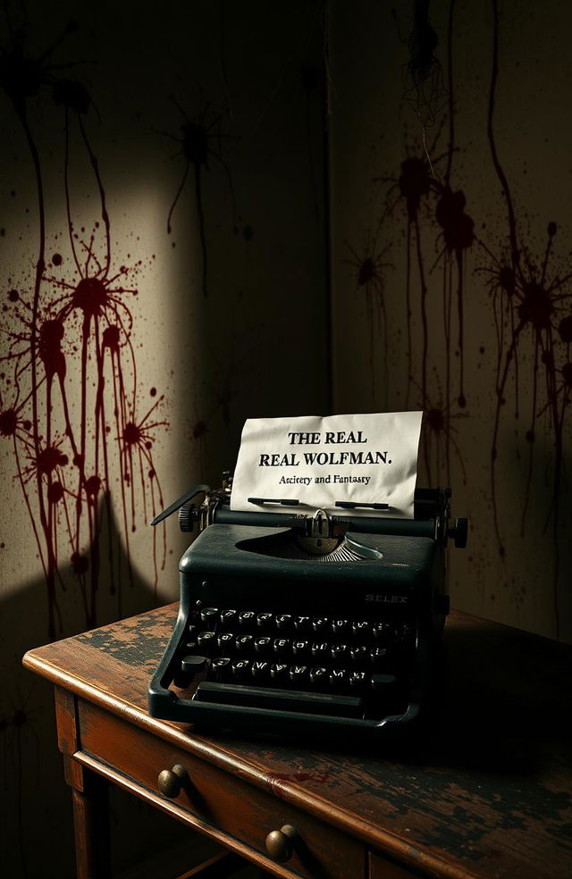 A vintage typewriter on a weathered old desk, surrounded by the eerie ambiance of a haunted room