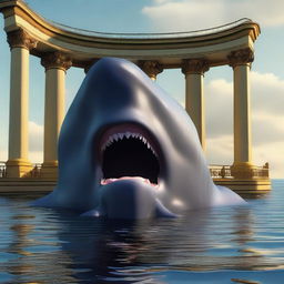 The world's largest sea creature lurking beside the Titanic, in high-definition, 4K, hyper-realistic style.