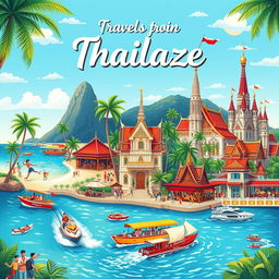 A vibrant and detailed travelogue illustration featuring iconic scenes from Phuket, Pattaya, and Bangkok