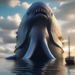 The world's largest sea creature lurking beside the Titanic, in high-definition, 4K, hyper-realistic style.