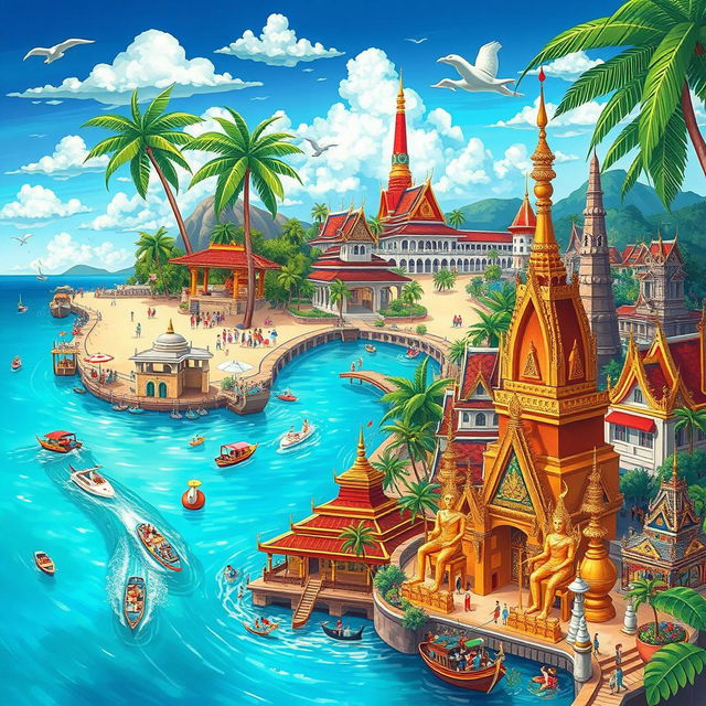 A vibrant and detailed travelogue illustration featuring iconic scenes from Phuket, Pattaya, and Bangkok