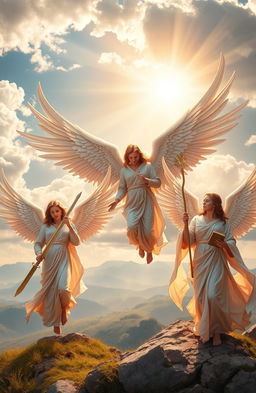 A majestic scene depicting multiple archangels in a celestial landscape, adorned with magnificent wings and radiating divine light