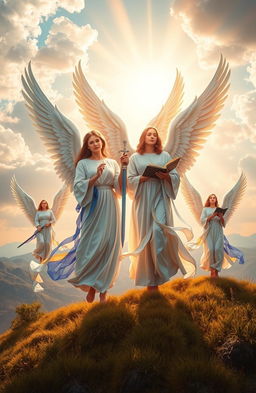 A majestic scene depicting multiple archangels in a celestial landscape, adorned with magnificent wings and radiating divine light