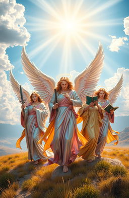 A majestic scene depicting multiple archangels in a celestial landscape, adorned with magnificent wings and radiating divine light