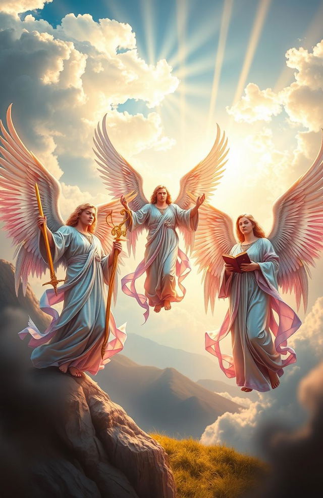 A majestic scene depicting multiple archangels in a celestial landscape, adorned with magnificent wings and radiating divine light