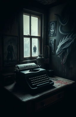 A typewriter on an old, rustic desk in a dimly lit haunted room