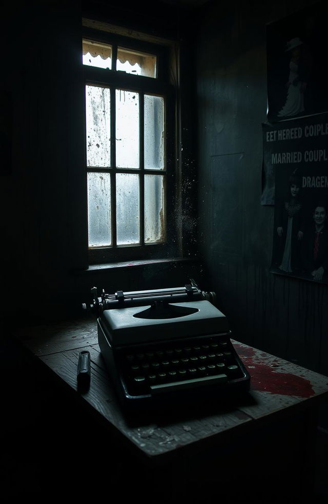 A typewriter on an old, rustic desk in a dimly lit haunted room