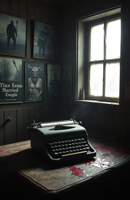 A typewriter on an old, rustic desk in a dimly lit haunted room