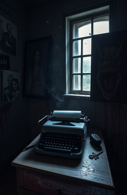 A typewriter on an old, rustic desk in a dimly lit haunted room