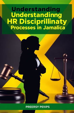 An informative eBook cover about HR disciplinary processes in Jamaica, featuring the silhouette of a professional HR manager standing in front of a Jamaican flag