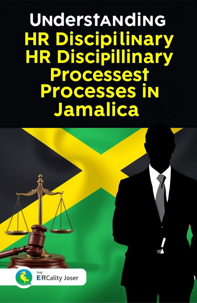 An informative eBook cover about HR disciplinary processes in Jamaica, featuring the silhouette of a professional HR manager standing in front of a Jamaican flag