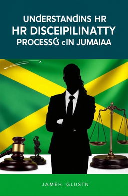 An informative eBook cover about HR disciplinary processes in Jamaica, featuring the silhouette of a professional HR manager standing in front of a Jamaican flag