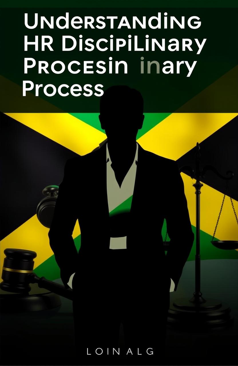 An informative eBook cover about HR disciplinary processes in Jamaica, featuring the silhouette of a professional HR manager standing in front of a Jamaican flag