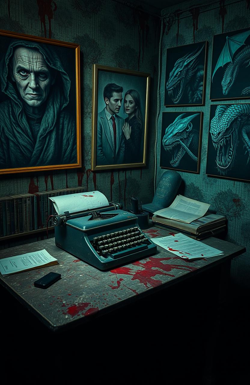 A trashy writer's office set in a haunted house, featuring an old, worn typewriter on a dusty wooden desk with various papers scattered around