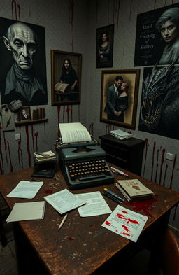 A trashy writer's office set in a haunted house, featuring an old, worn typewriter on a dusty wooden desk with various papers scattered around