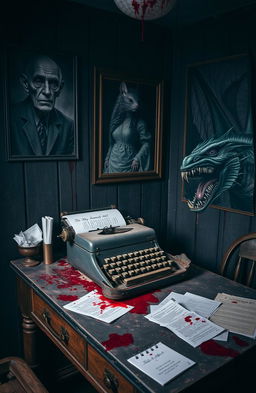A trashy writer's office set in a haunted house, featuring an old, worn typewriter on a dusty wooden desk with various papers scattered around
