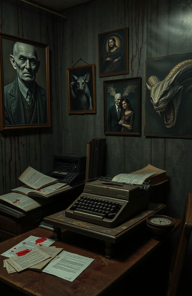 A trashy writer's office set in a haunted house, featuring an old, worn typewriter on a dusty wooden desk with various papers scattered around