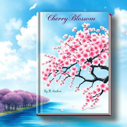 A beautiful book cover design featuring a cherry blossom tree in full bloom, rendered in a stunning watercolor painting style