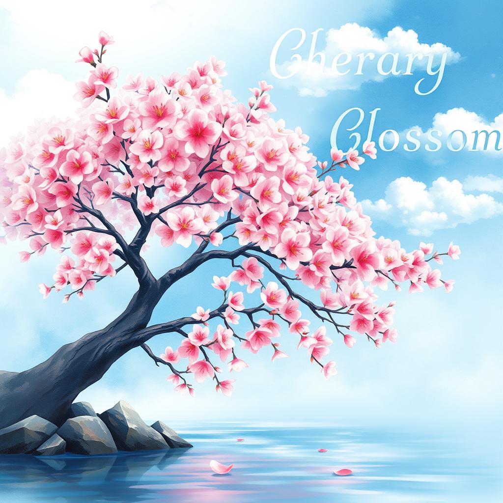 A beautiful book cover design featuring a cherry blossom tree in full bloom, rendered in a stunning watercolor painting style