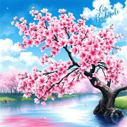 A beautiful book cover design featuring a cherry blossom tree in full bloom, rendered in a stunning watercolor painting style