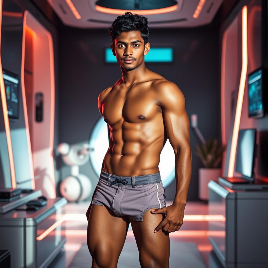 A stunningly fit young adult with Indian skin, showcasing an athletic physique, standing confidently in a futuristic room