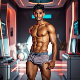 A stunningly fit young adult with Indian skin, showcasing an athletic physique, standing confidently in a futuristic room