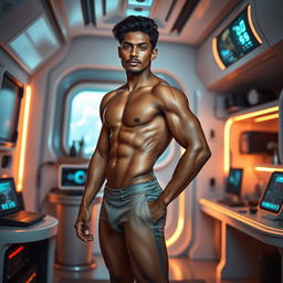 A stunningly fit young adult with Indian skin, showcasing an athletic physique, standing confidently in a futuristic room