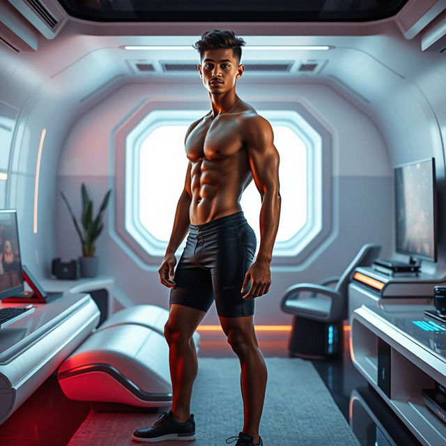 A stunningly fit young adult with Indian skin, showcasing an athletic physique, standing confidently in a futuristic room