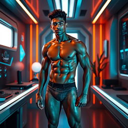 A stunningly fit young adult with Indian skin, showcasing an athletic physique, standing confidently in a futuristic room