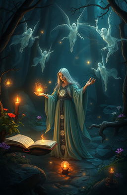 An enchanting scene depicting a mystical healer practicing medical sorcery, surrounded by glowing runes and spellbooks