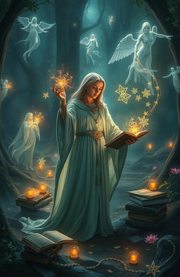 An enchanting scene depicting a mystical healer practicing medical sorcery, surrounded by glowing runes and spellbooks