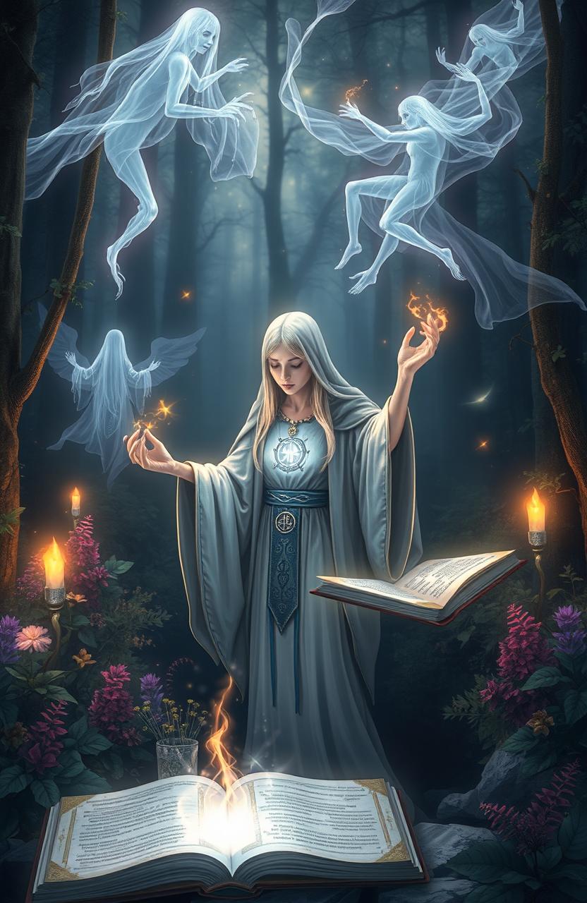 An enchanting scene depicting a mystical healer practicing medical sorcery, surrounded by glowing runes and spellbooks