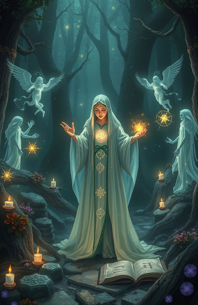 An enchanting scene depicting a mystical healer practicing medical sorcery, surrounded by glowing runes and spellbooks